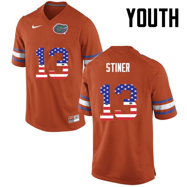 Florida Gators Youth #13 Donovan Stiner College Football USA Flag Fashion Orange
